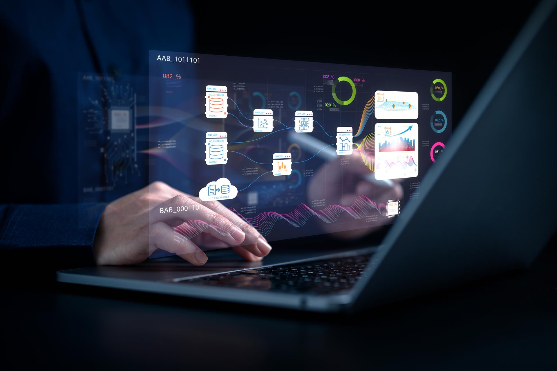 analytics chart, business analysis chart KPI showing icon on virtual screen monitor laptop by hologram virtual screen technology.