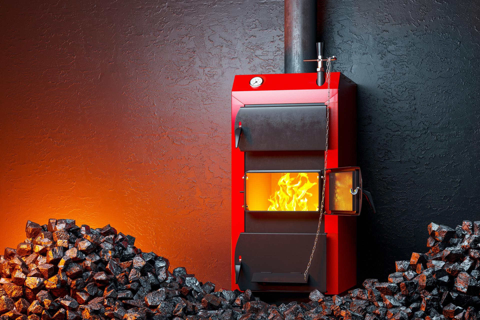 Boiler room with a solid fuel boiler surrounded by a heap of coal 3D