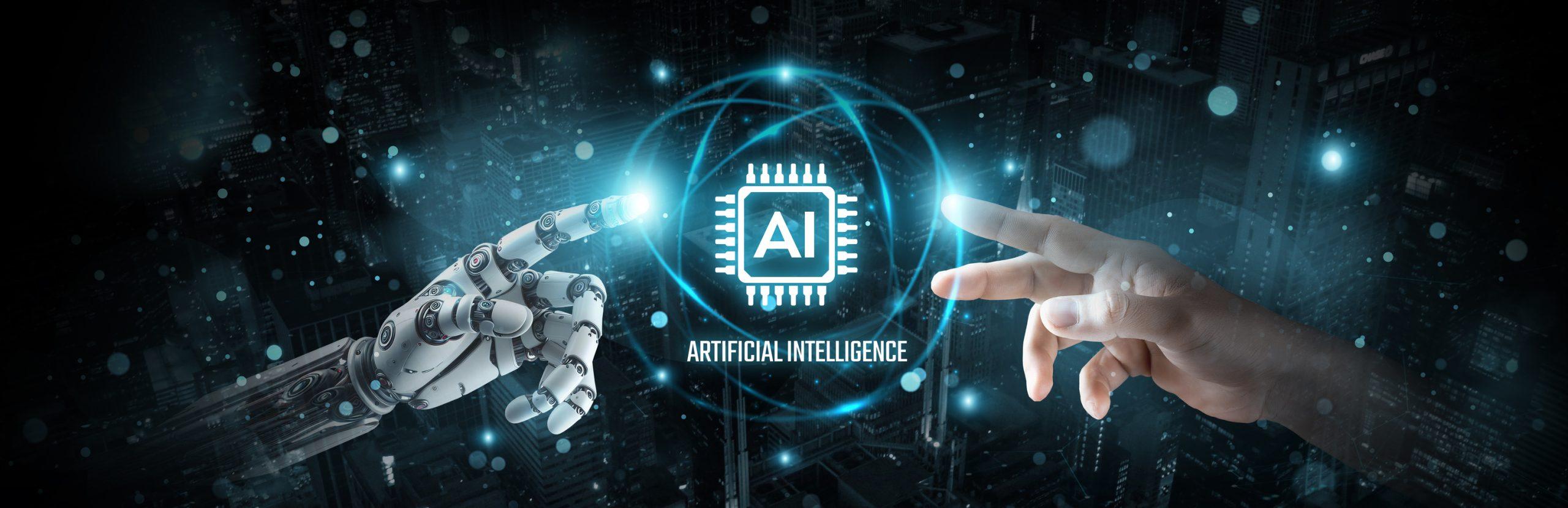 Artificial Intelligence, hands on of robot and human touch on ai powered networks, brain data processing in AI systems, machine learning and advanced AI technology, innovation for AI.