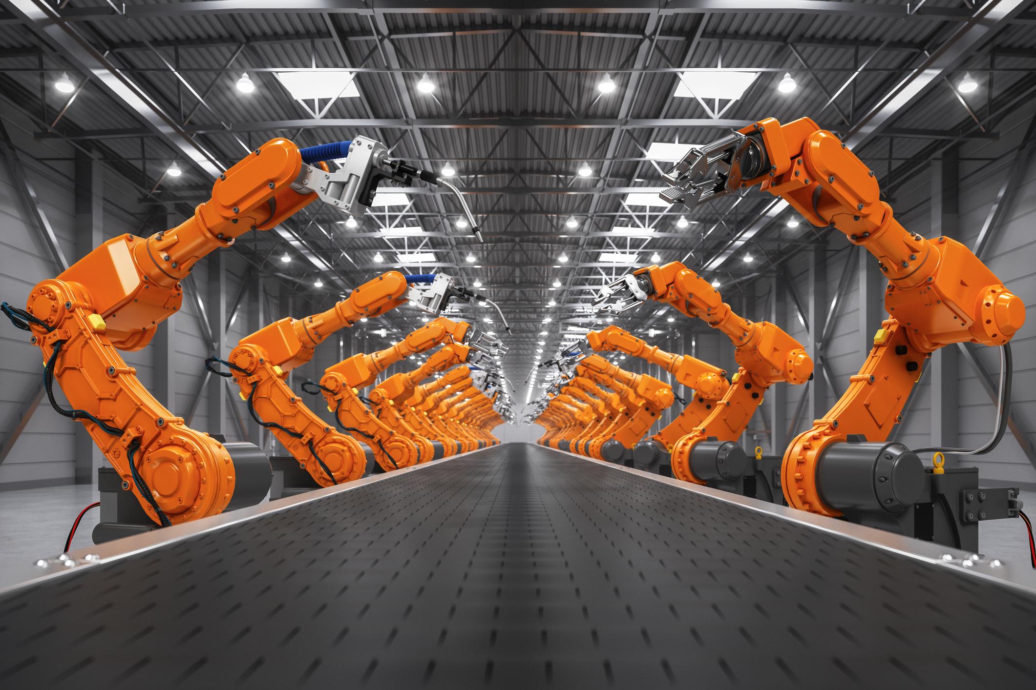 Robot Welding And Robotic Arms In Smart Distribution Warehouse